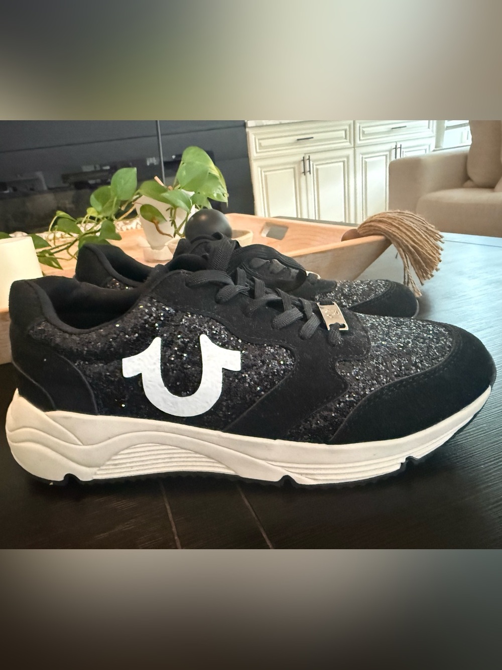 True Religion Black Glitter Low-Top Sneakers with White Logo - NEW
